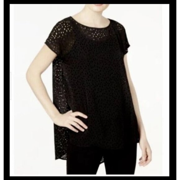 Eileen Fisher Silk Confetti Laser Cut Silk Hi-low Tunic Black PS NWT $278 - Picture 1 of 7